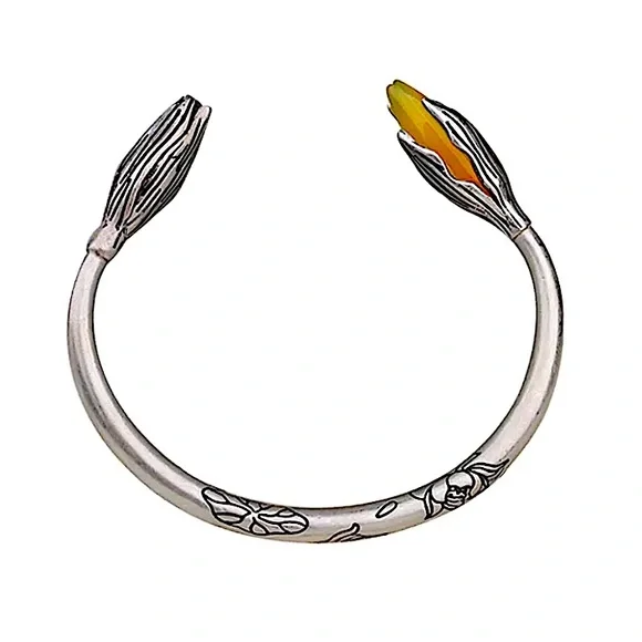 Handmade Jade Flower Sterling Silver Bangle Bracelet - Picture 2 of 11